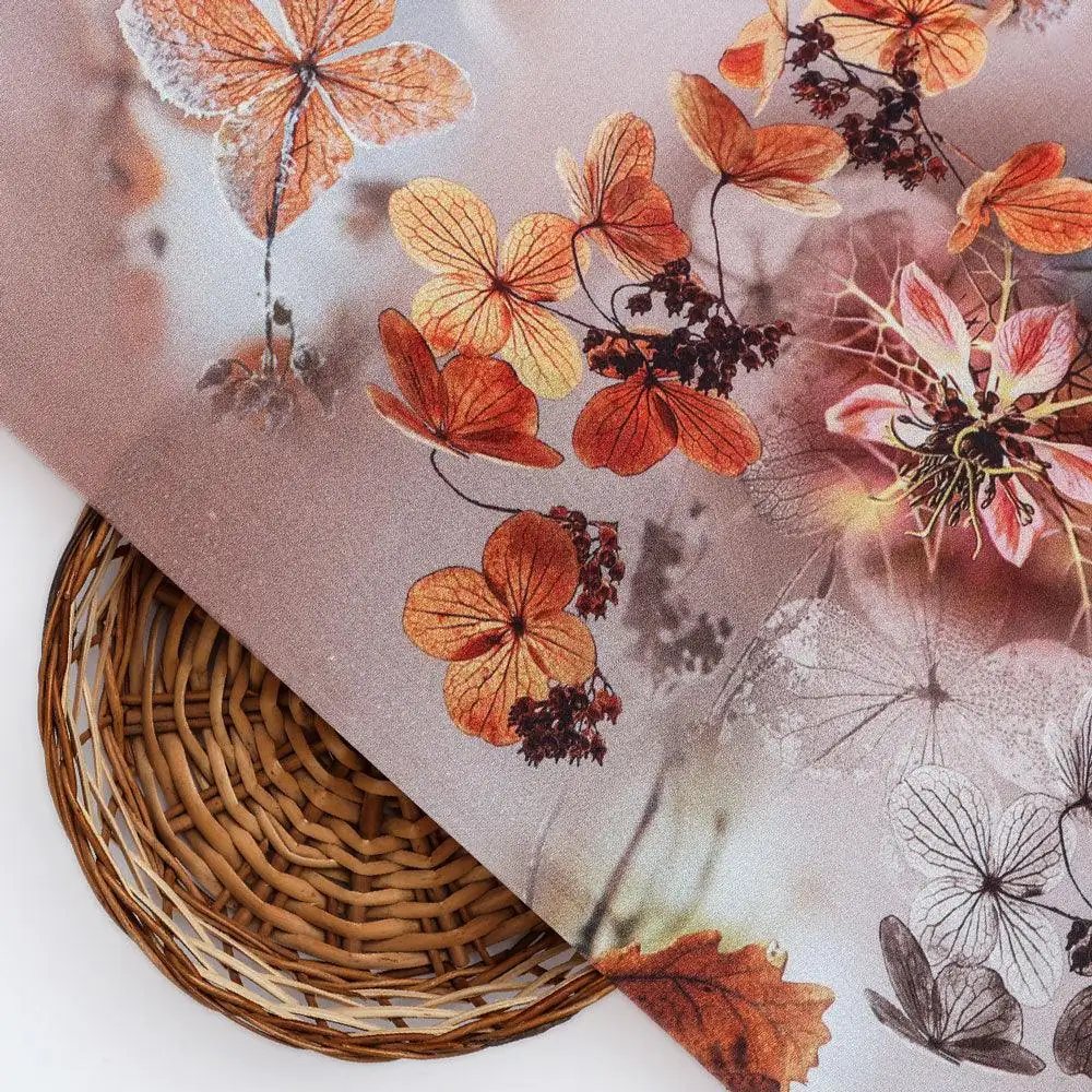 Attractive Brown Periwinkle With Leaves Digital Printed Fabric - Silk Crepe - Image 2