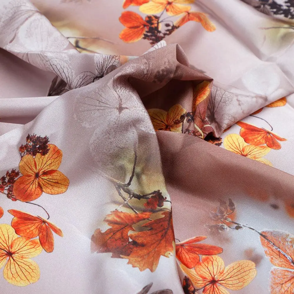 Attractive Brown Periwinkle With Leaves Digital Printed Fabric - Silk Crepe - Image 3