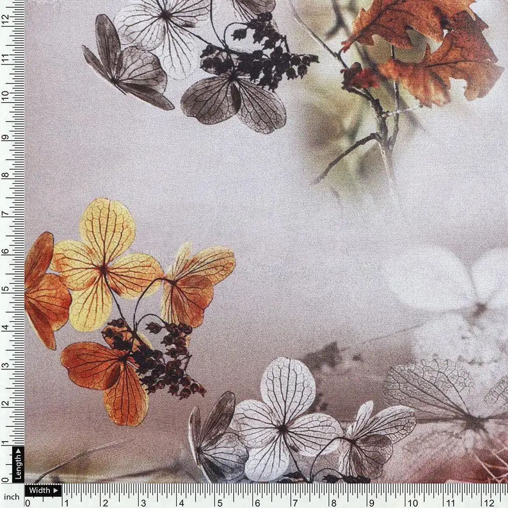 Attractive Brown Periwinkle With Leaves Digital Printed Fabric - Silk Crepe - Image 4
