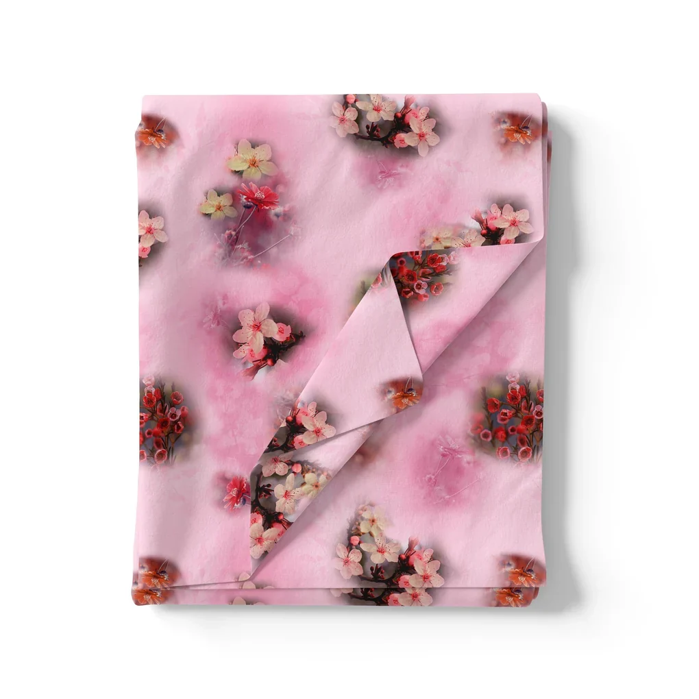 Attractive Jasmin Pink Flower With Orange Rose Digital Printed Fabric - Image 3