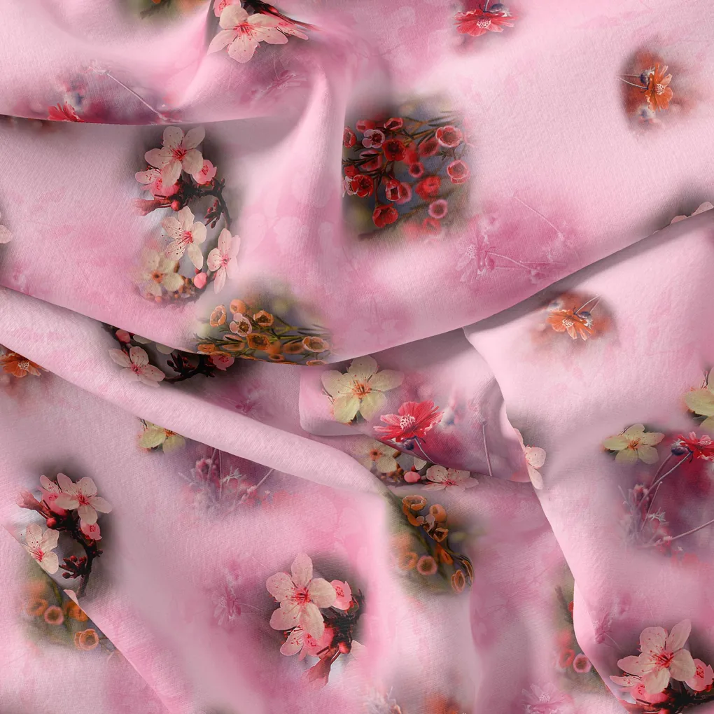 Attractive Jasmin Pink Flower With Orange Rose Digital Printed Fabric - Image 4