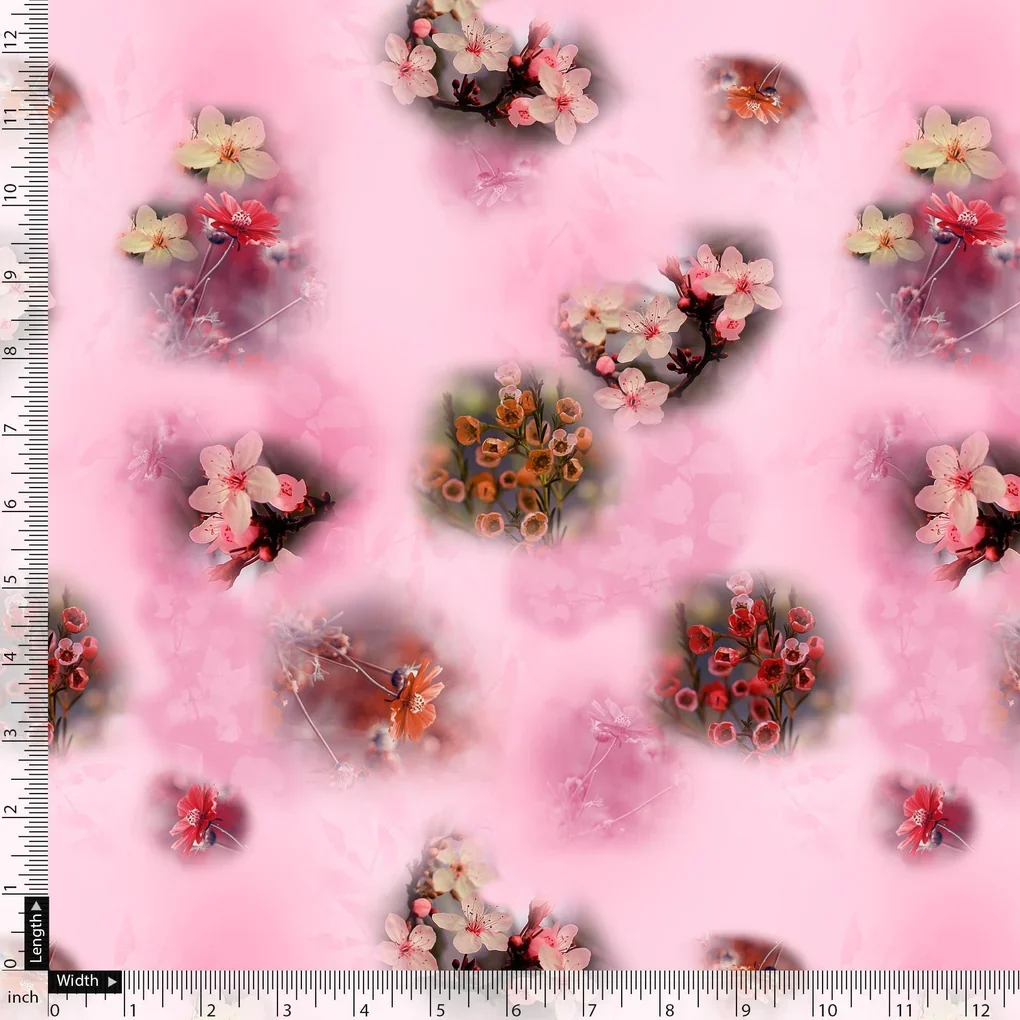 Attractive Jasmin Pink Flower With Orange Rose Digital Printed Fabric - Image 5