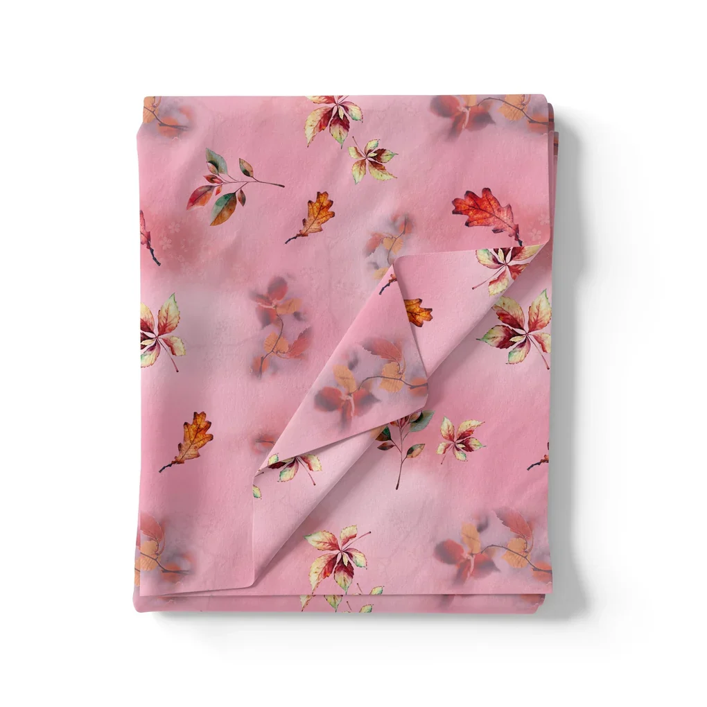 Attractive Multicolour Leaves With Pink Background Digital Printed Fabric - Image 3
