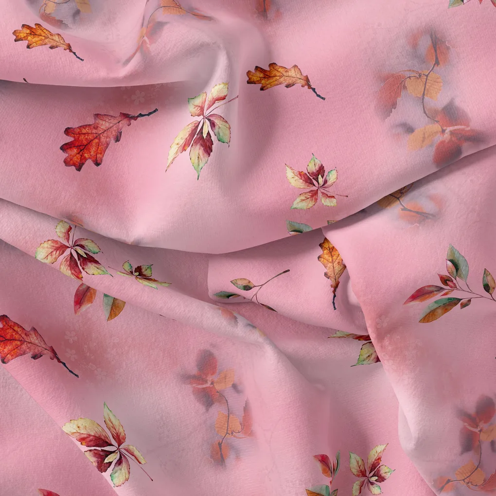 Attractive Multicolour Leaves With Pink Background Digital Printed Fabric - Image 4