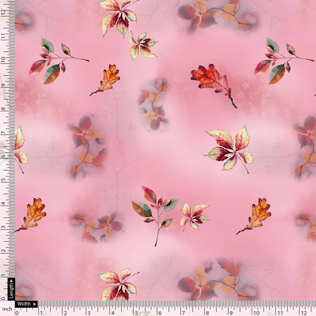 Attractive Multicolour Leaves With Pink Background Digital Printed Fabric - Image 5