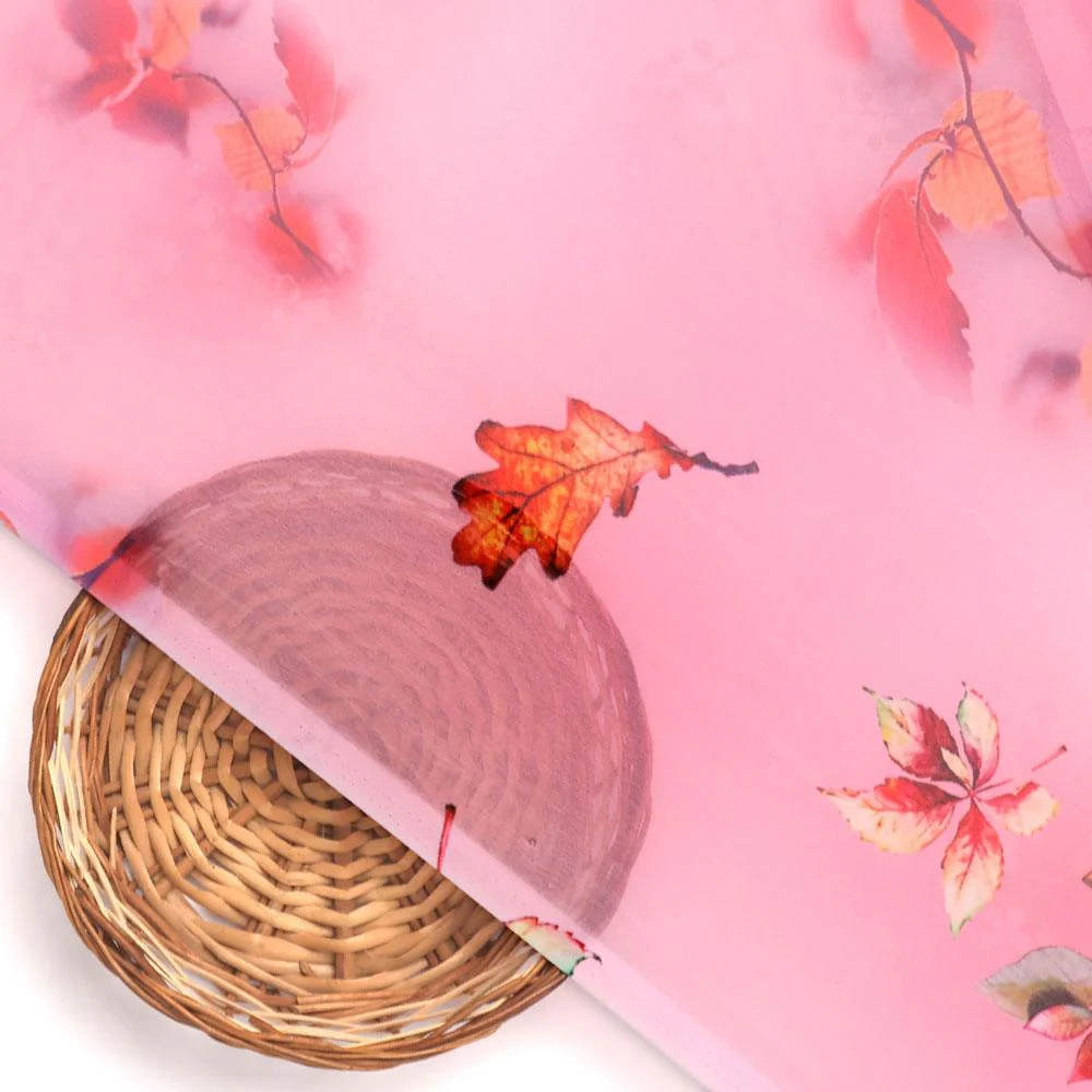 Attractive Multicolour Leaves With Pink Background Digital Printed Fabric - Weightless - Image 3