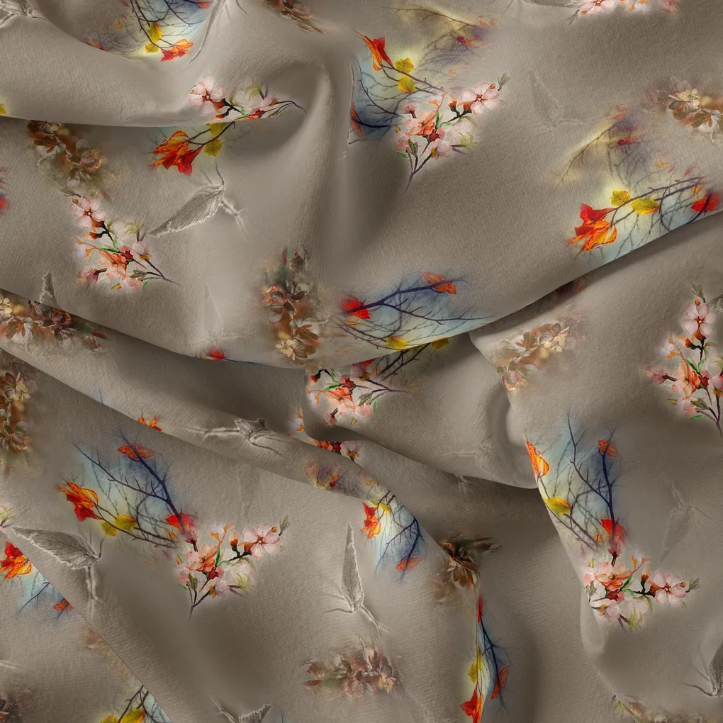 Attractive Pink Periwinkle With Autumn Buds Leaves Digital Printed Fabric - Image 4