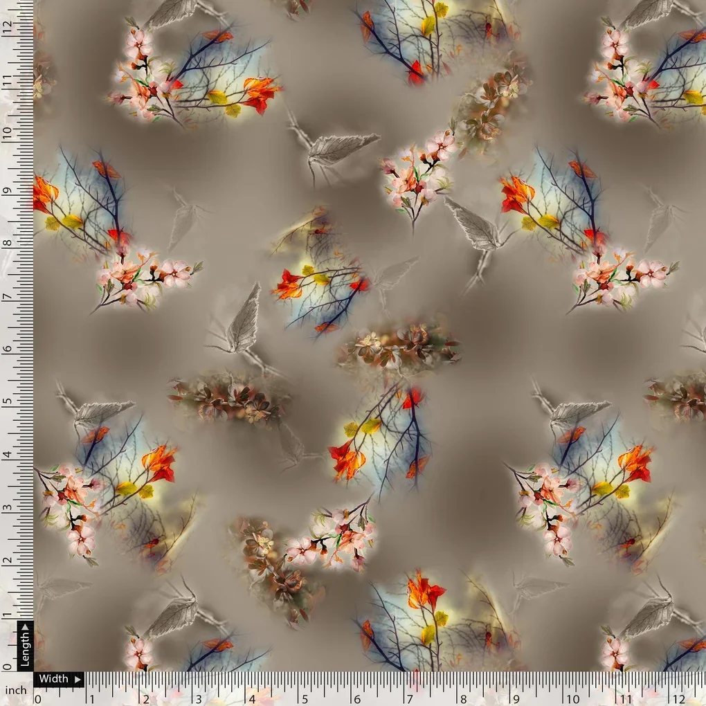 Attractive Pink Periwinkle With Autumn Buds Leaves Digital Printed Fabric - Image 5