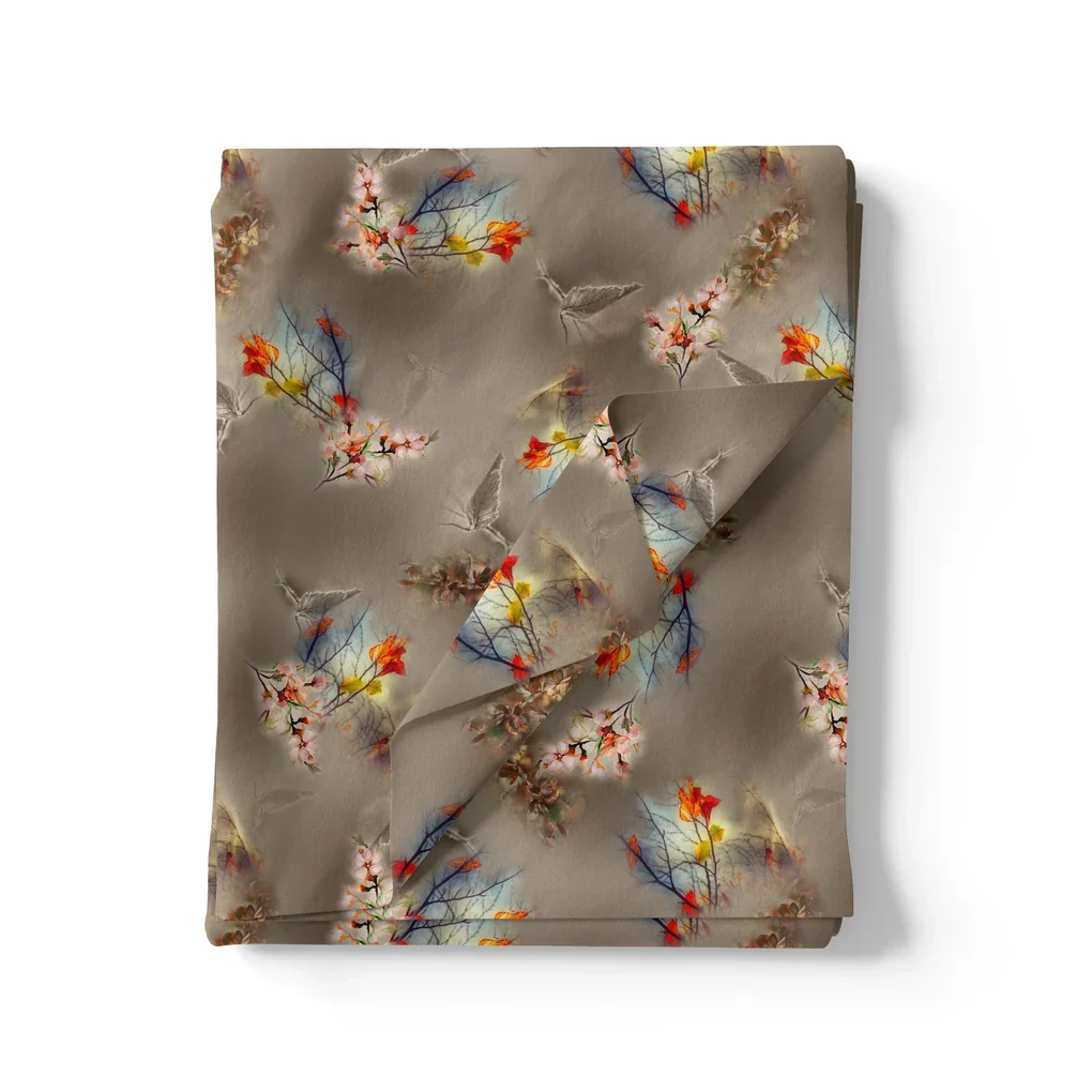 Attractive Pink Periwinkle With Autumn Buds Leaves Digital Printed Fabric - Pure Georgette - Image 3