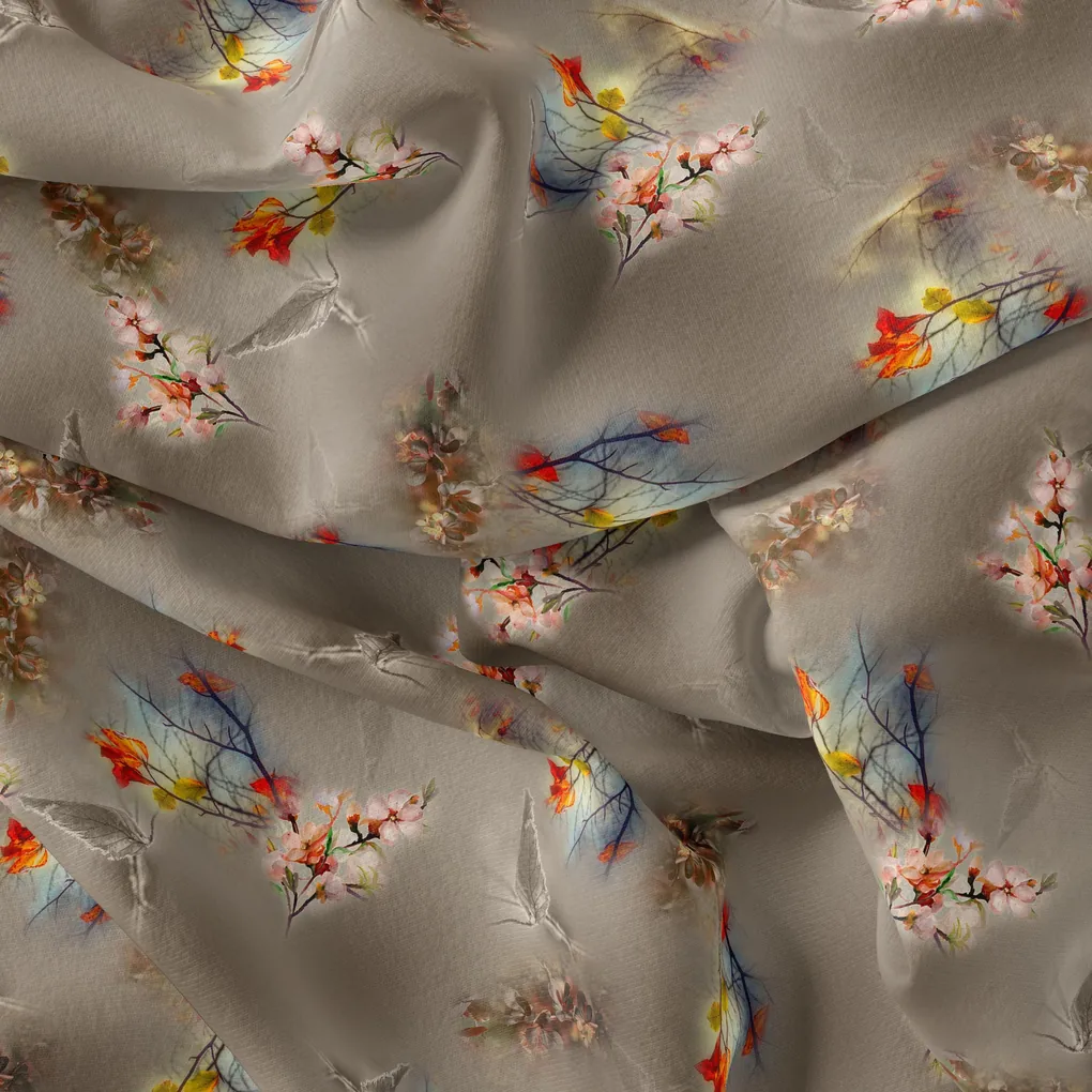 Attractive Pink Periwinkle With Autumn Buds Leaves Digital Printed Fabric - Pure Georgette - Image 4