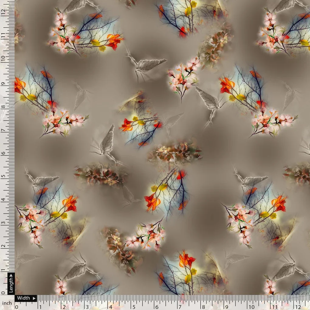 Attractive Pink Periwinkle With Autumn Buds Leaves Digital Printed Fabric - Pure Georgette - Image 5