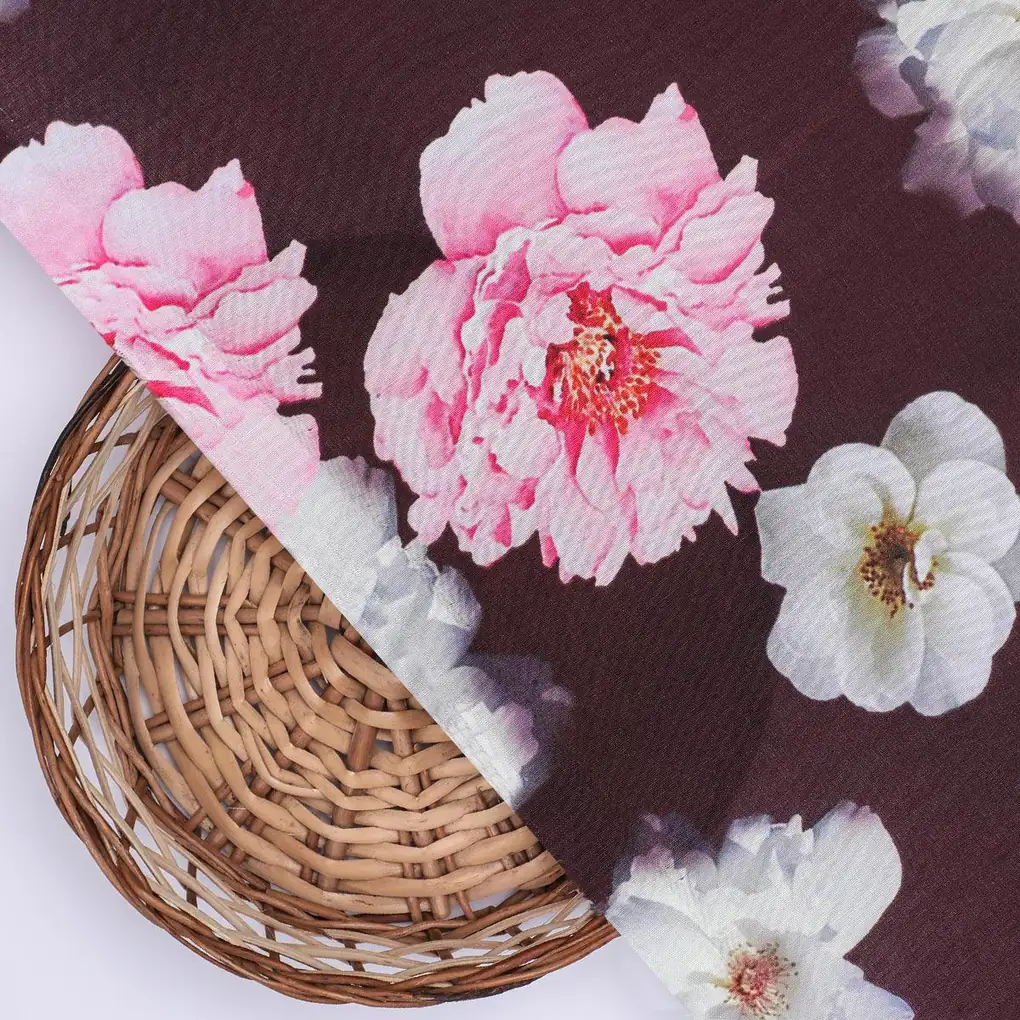Attractive Pink Roses With Grey Digital Printed Fabric - Poly Muslin - Image 2