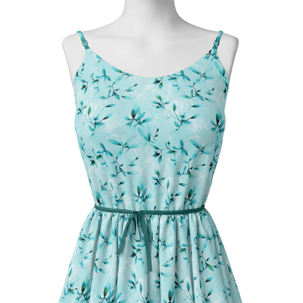 Attractive Sky Blue Leaves Digital Printed Fabric - Image 2