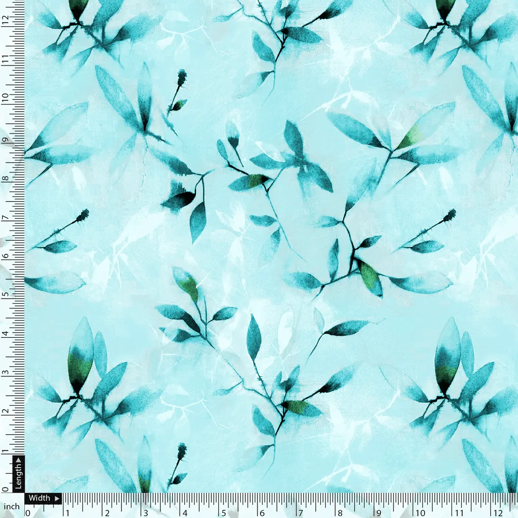 Attractive Sky Blue Leaves Digital Printed Fabric - Image 5