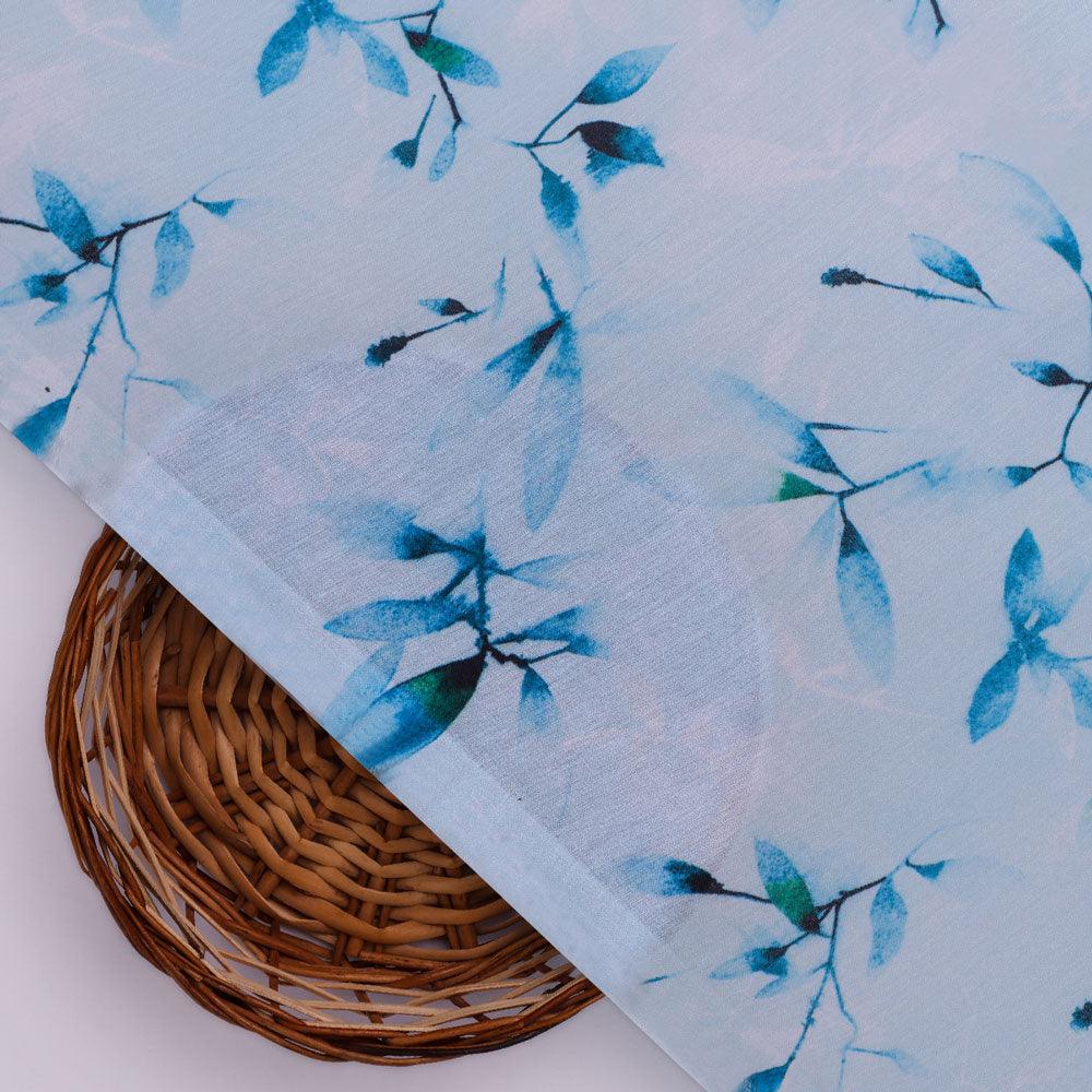 Attractive Sky Blue Leaves Digital Printed Fabric - Kora Silk - Image 2