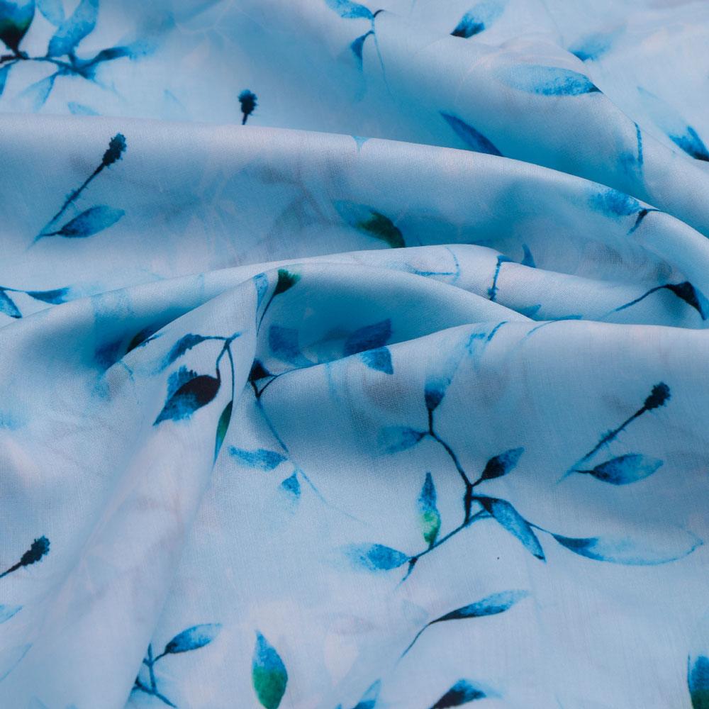 Attractive Sky Blue Leaves Digital Printed Fabric - Kora Silk - Image 3