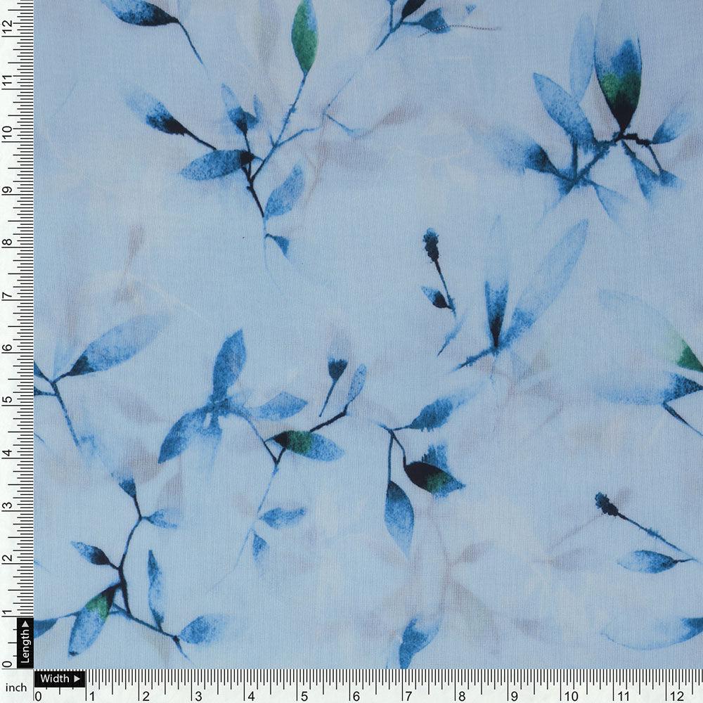 Attractive Sky Blue Leaves Digital Printed Fabric - Kora Silk - Image 4
