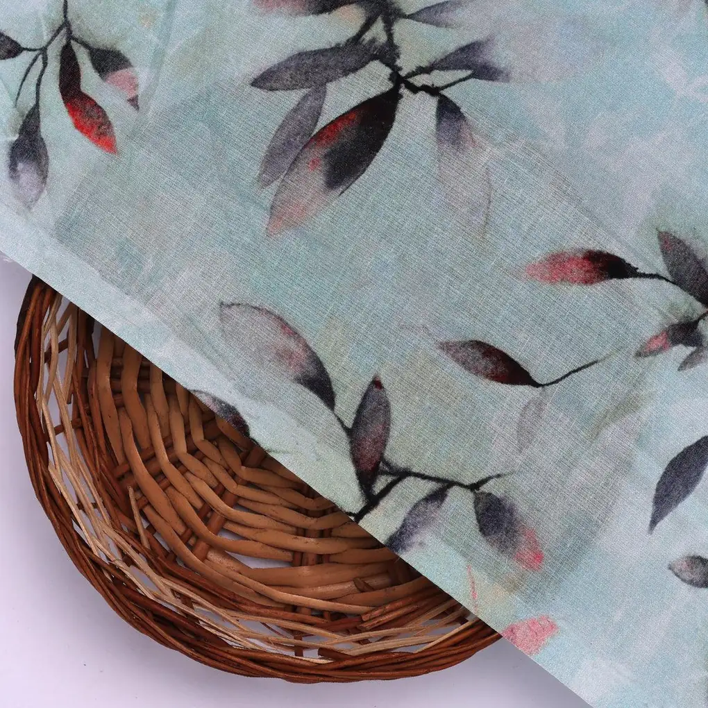 Attractive Sky Blue Leaves Digital Printed Fabric - Pure Cotton - Image 2