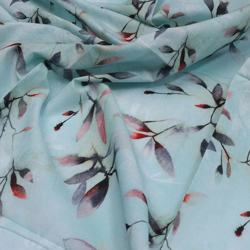 Attractive Sky Blue Leaves Digital Printed Fabric - Pure Cotton - Image 3