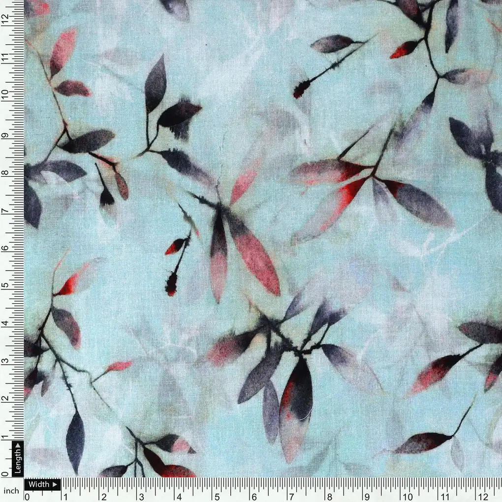 Attractive Sky Blue Leaves Digital Printed Fabric - Pure Cotton - Image 4