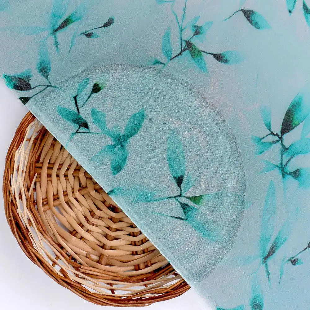Attractive Sky Blue Leaves Digital Printed Fabric - Pure Georgette - Image 2