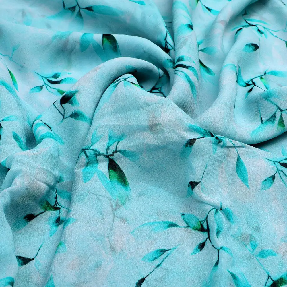 Attractive Sky Blue Leaves Digital Printed Fabric - Pure Georgette - Image 3