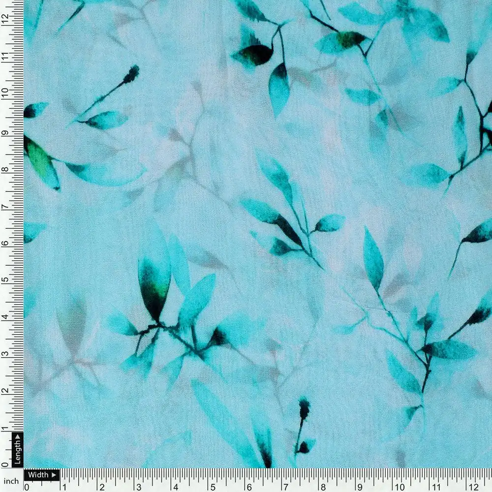 Attractive Sky Blue Leaves Digital Printed Fabric - Pure Georgette - Image 4