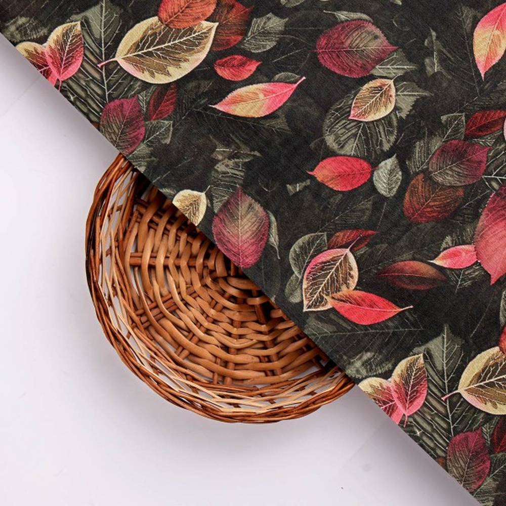 Autumn Leaves Print Dola Silk Polyester Fabric - Black/Red - Image 3