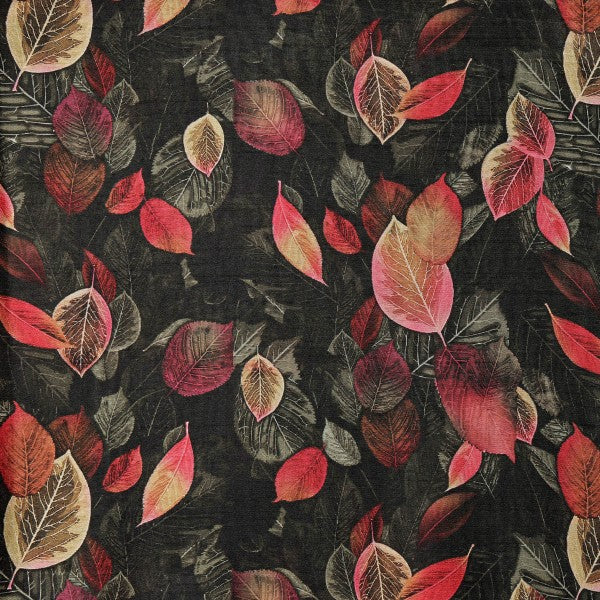 Autumn Leaves Print Dola Silk Polyester Fabric - Black/Red - Image 4