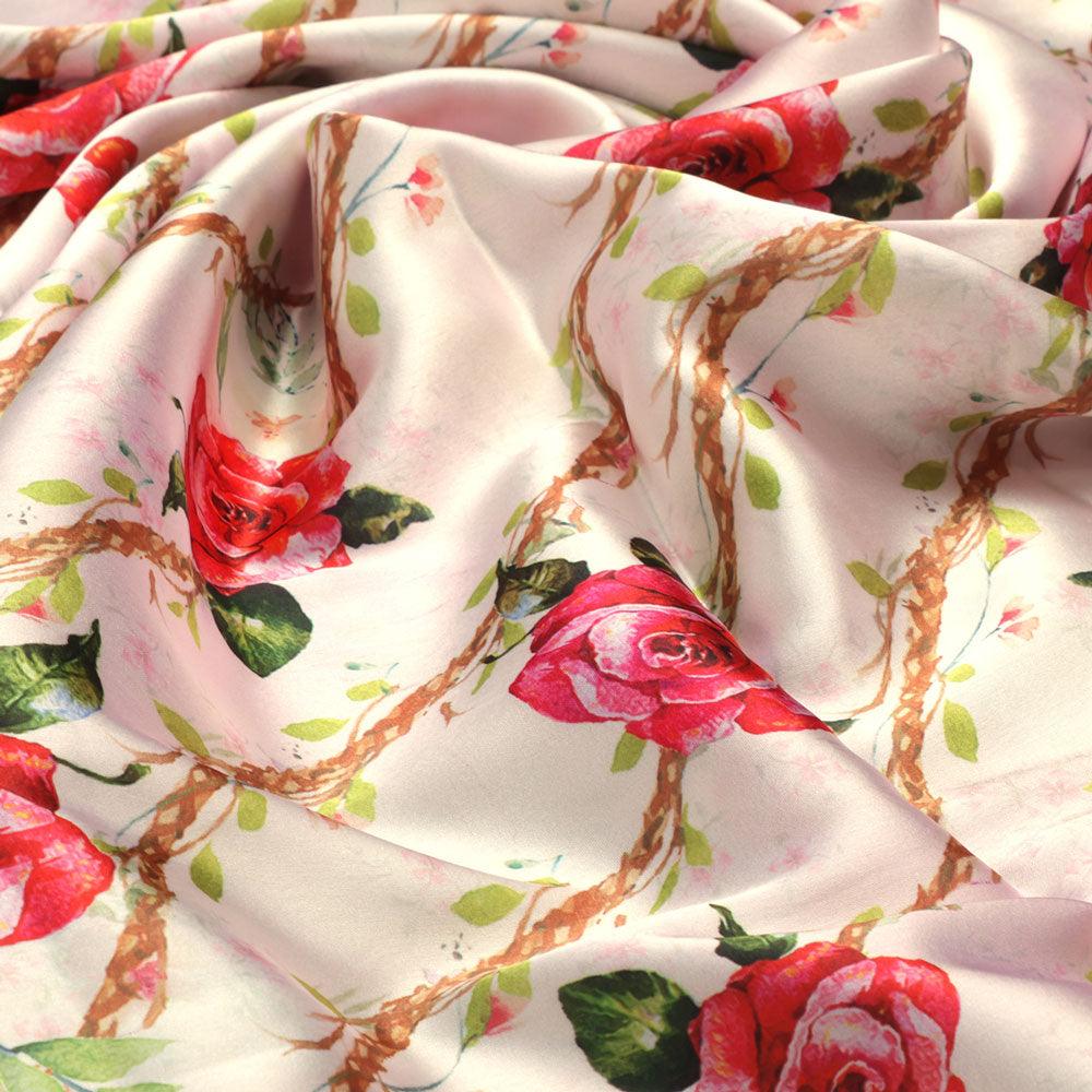 Autumnal Red Roses With Leaves Digital Printed Fabric - Japan Satin - Image 3