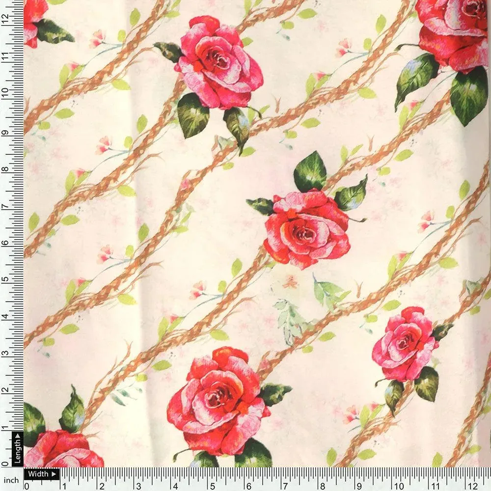 Autumnal Red Roses With Leaves Digital Printed Fabric - Japan Satin - Image 4