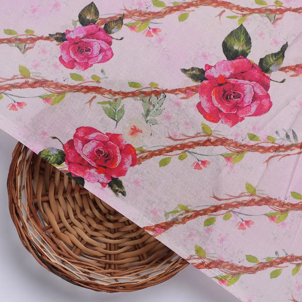 Autumnal Red Roses With Leaves Digital Printed Fabric - Pure Cotton - Image 2