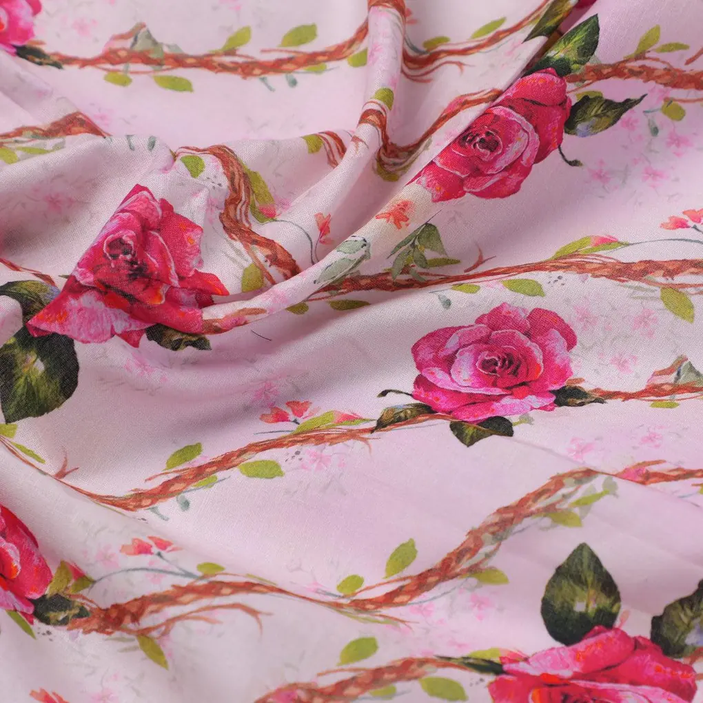 Autumnal Red Roses With Leaves Digital Printed Fabric - Pure Cotton - Image 3