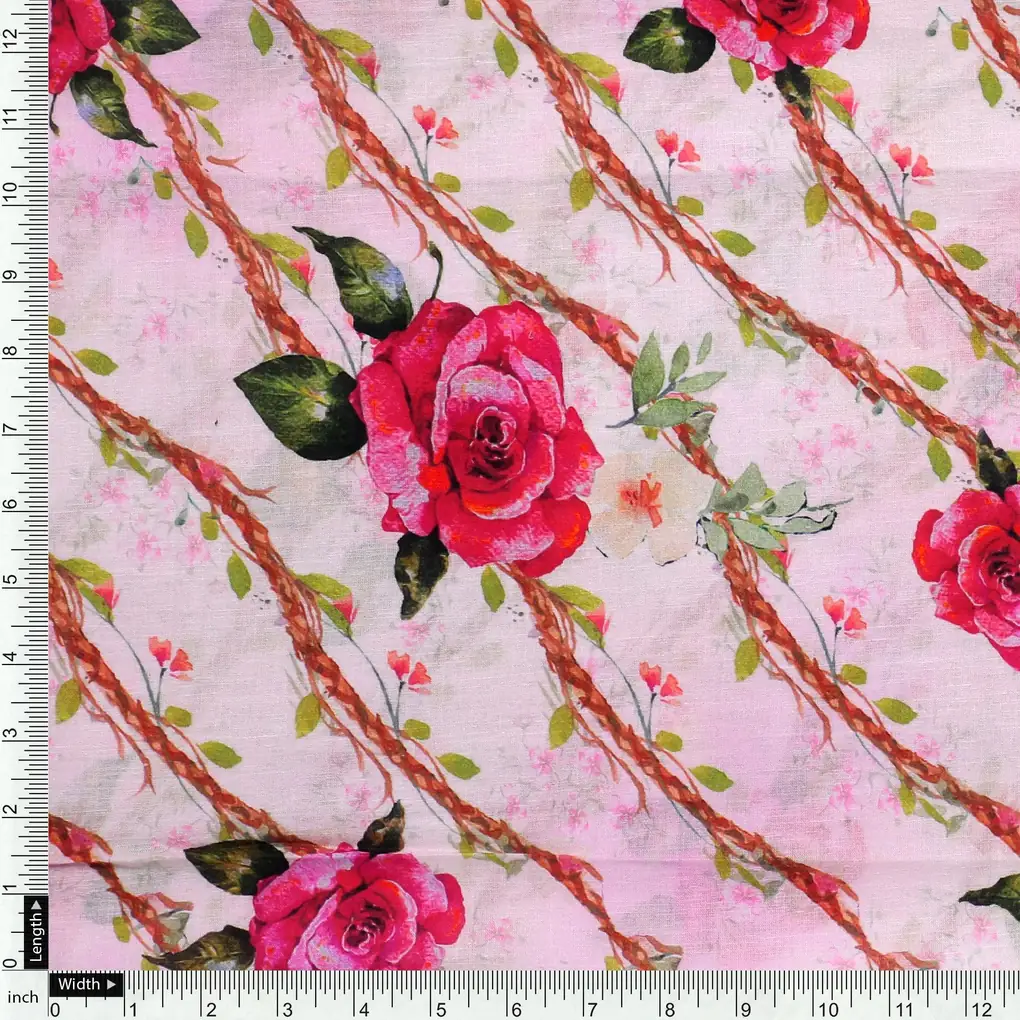 Autumnal Red Roses With Leaves Digital Printed Fabric - Pure Cotton - Image 4
