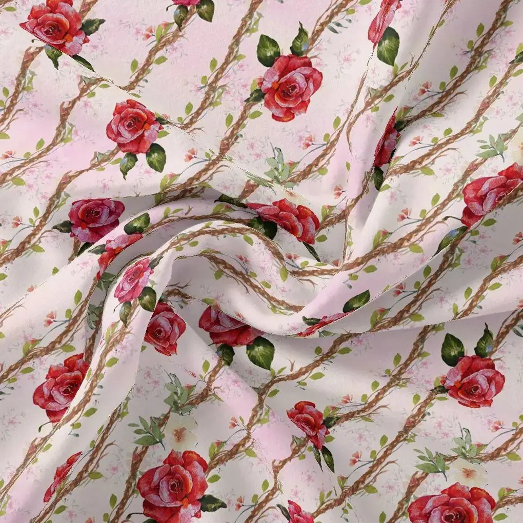 Autumnal Red Roses With Leaves Digital Printed Fabric - Weightless - Image 3