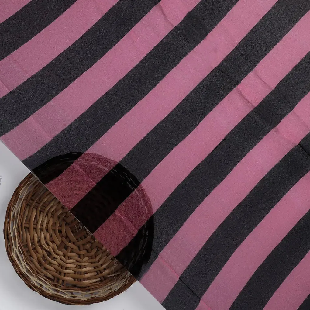Bayadere Stripes Black With Pink Digital Printed Fabric - Pure Georgette - Image 2