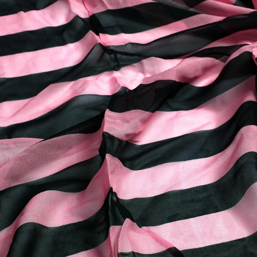 Bayadere Stripes Black With Pink Digital Printed Fabric - Pure Georgette - Image 3
