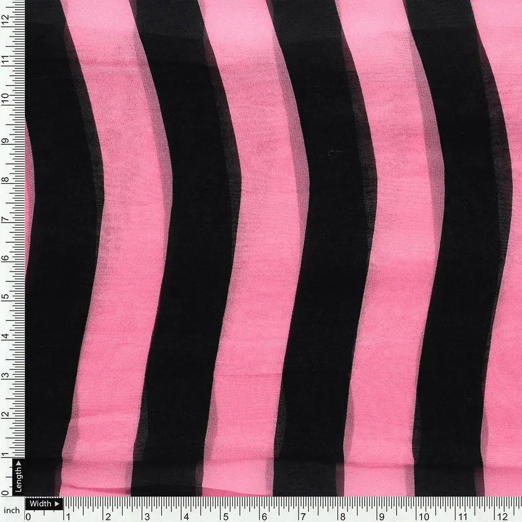 Bayadere Stripes Black With Pink Digital Printed Fabric - Pure Georgette - Image 4