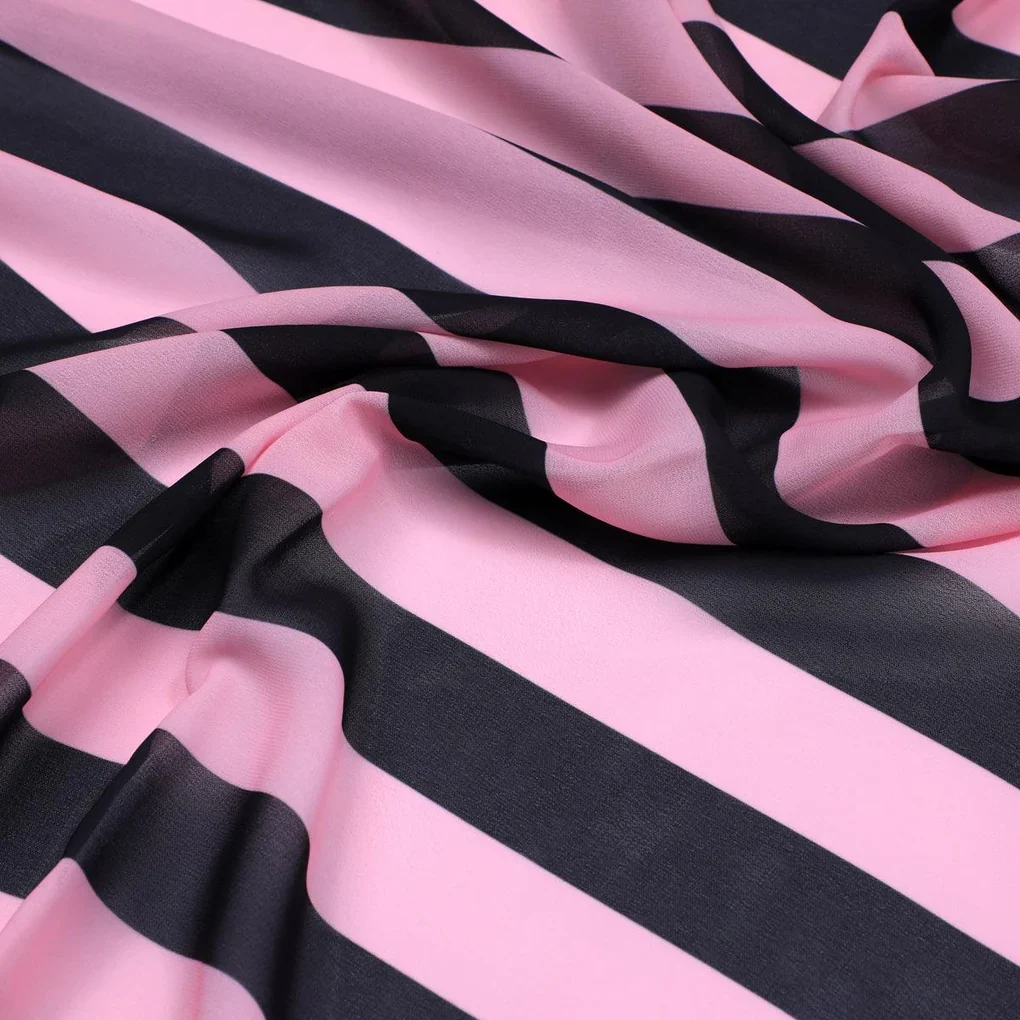 Bayadere Stripes Black With Pink Digital Printed Fabric - Weightless - Image 3
