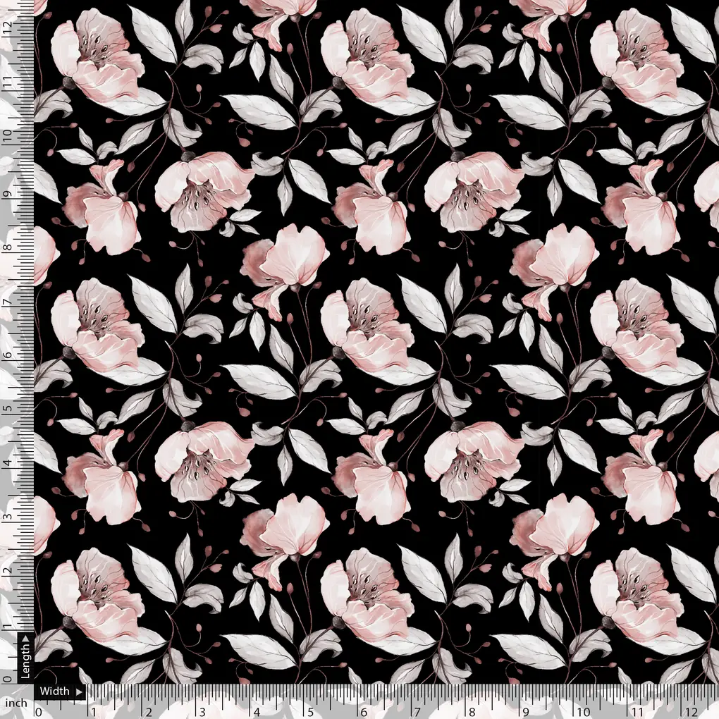 Beautiful Baby Pink Roses With Gray Leaves Digital Printed Fabric - Image 5