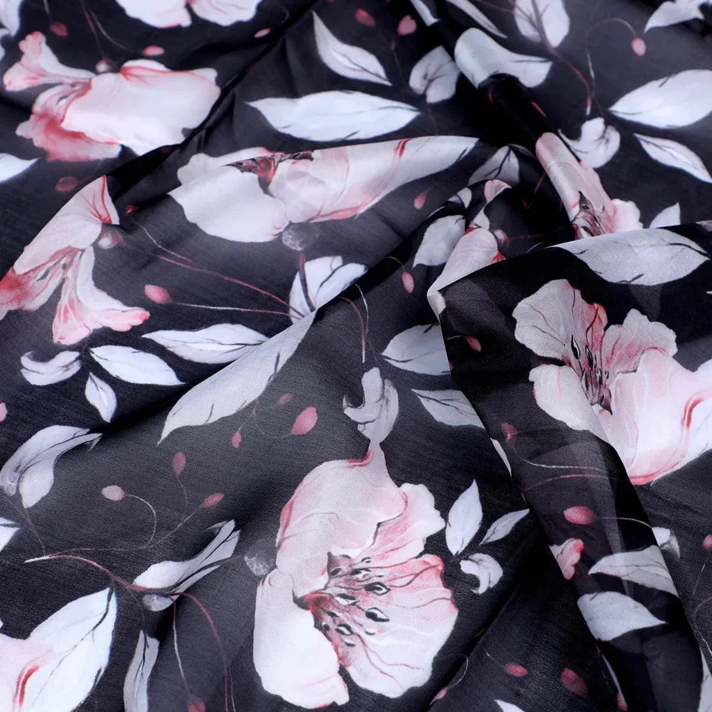 Beautiful Baby Pink Roses With Gray Leaves Digital Printed Fabric - Organza - Image 3