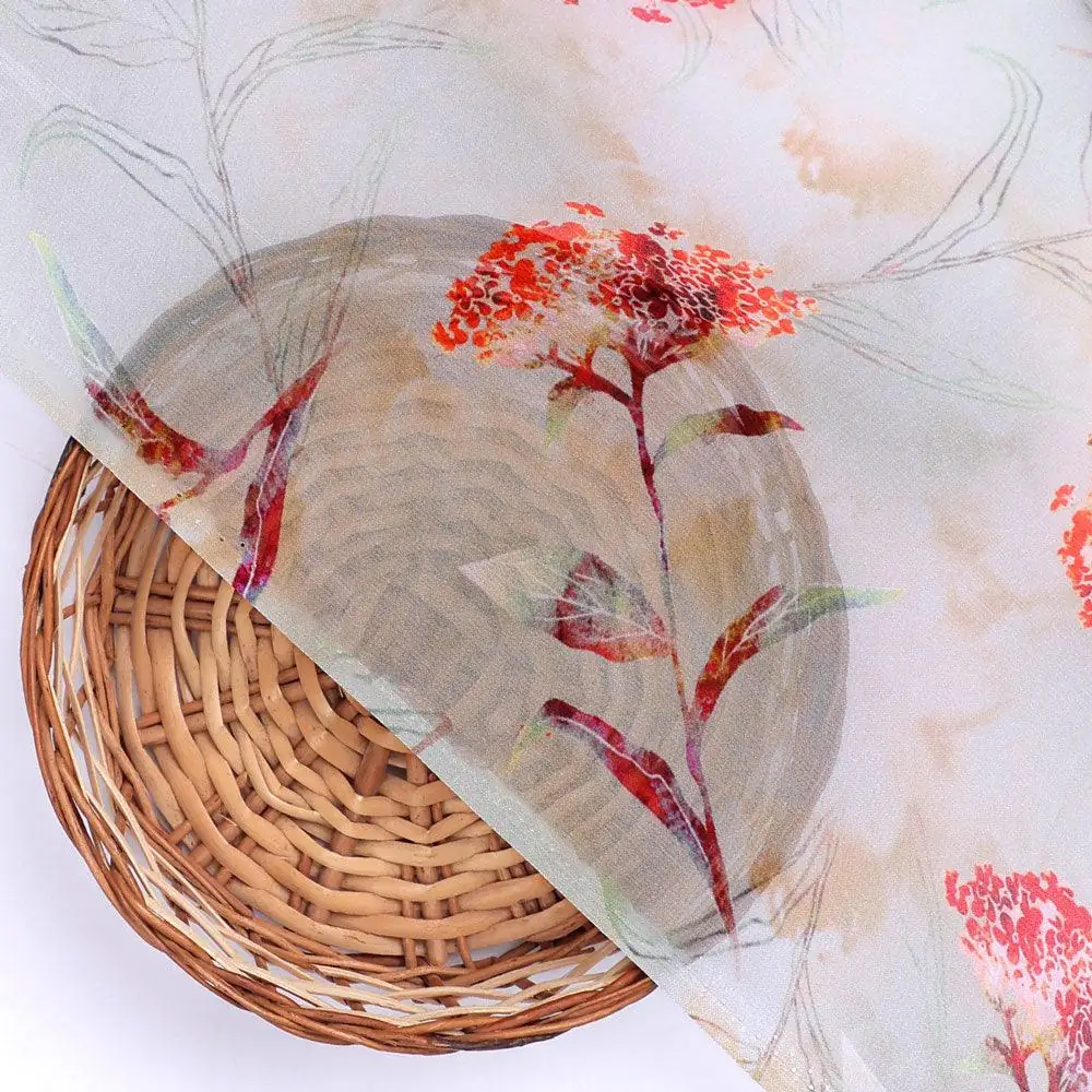 Beautiful Botanical Ixora Flower Digital Printed Fabric - Pure Georgette - Image 2