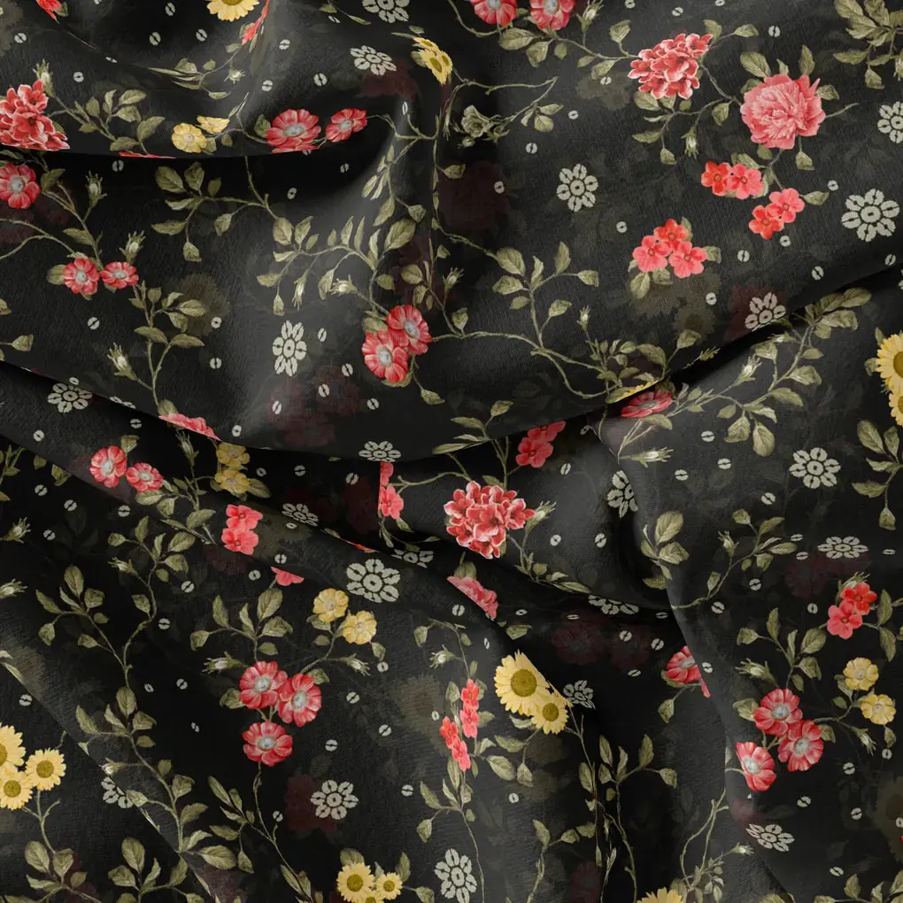 Beautiful Calico Flower With Branch Digital Printed Fabric - Kora Silk - Image 4