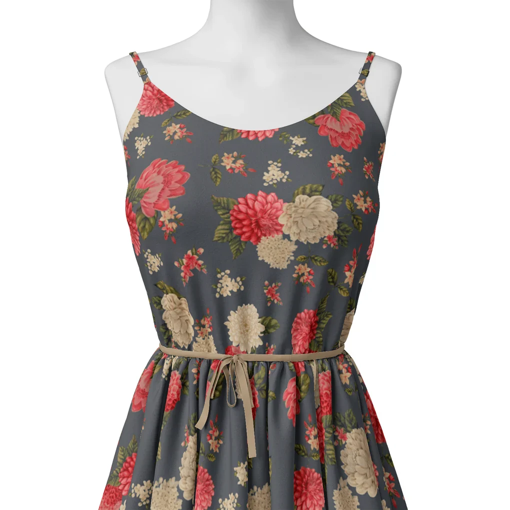 Beautiful Dahlia Red And Gray Flower Digital Printed Fabric - Image 2