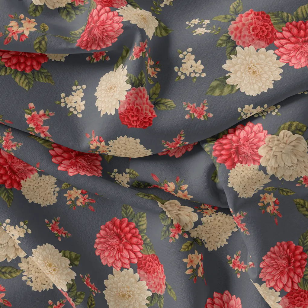 Beautiful Dahlia Red And Gray Flower Digital Printed Fabric - Image 4