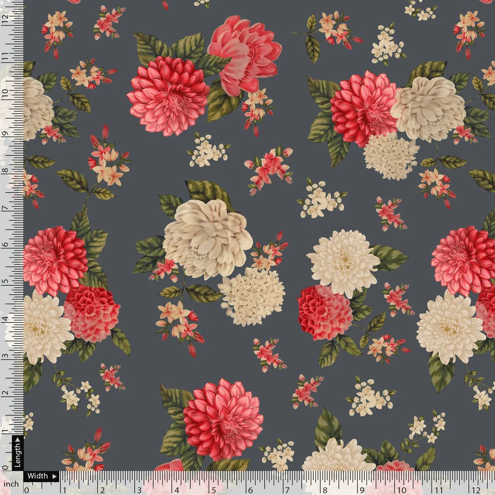 Beautiful Dahlia Red And Gray Flower Digital Printed Fabric - Image 5