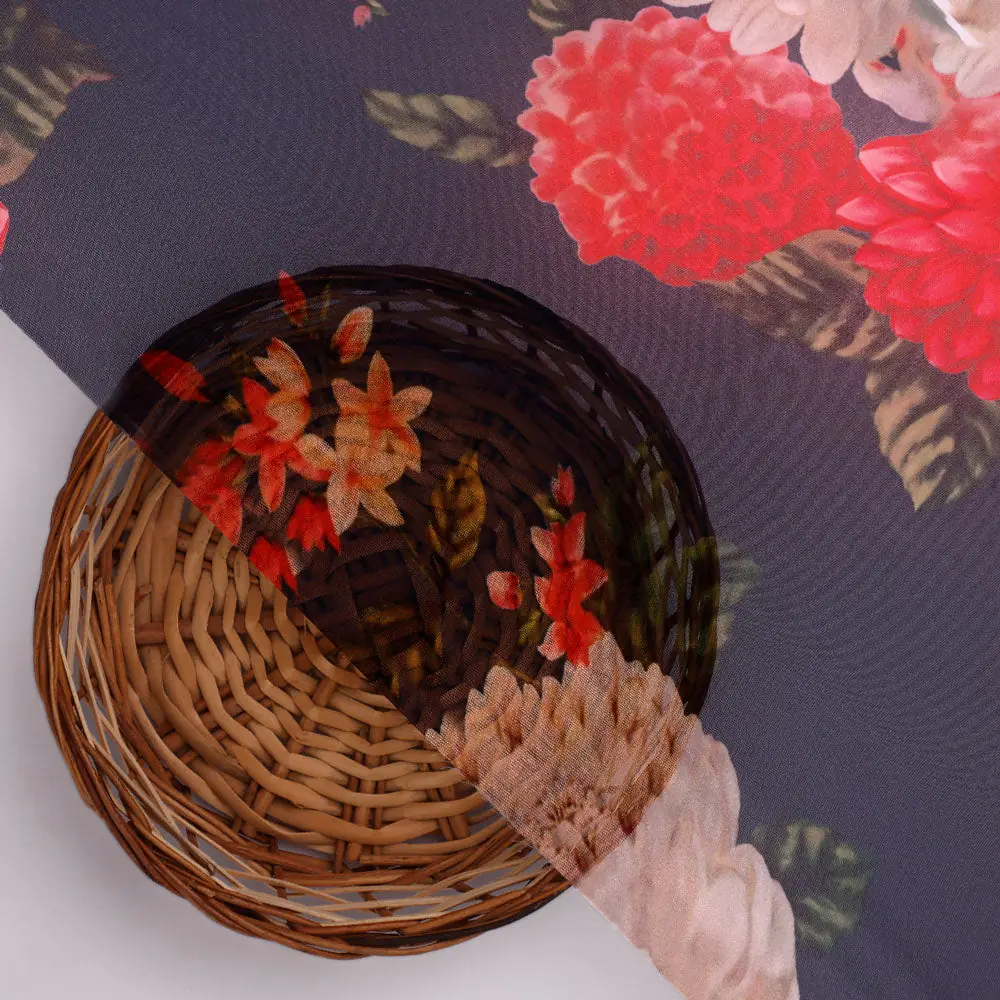 Beautiful Dahlia Red And Gray Flower Digital Printed Fabric - Organza - Image 3
