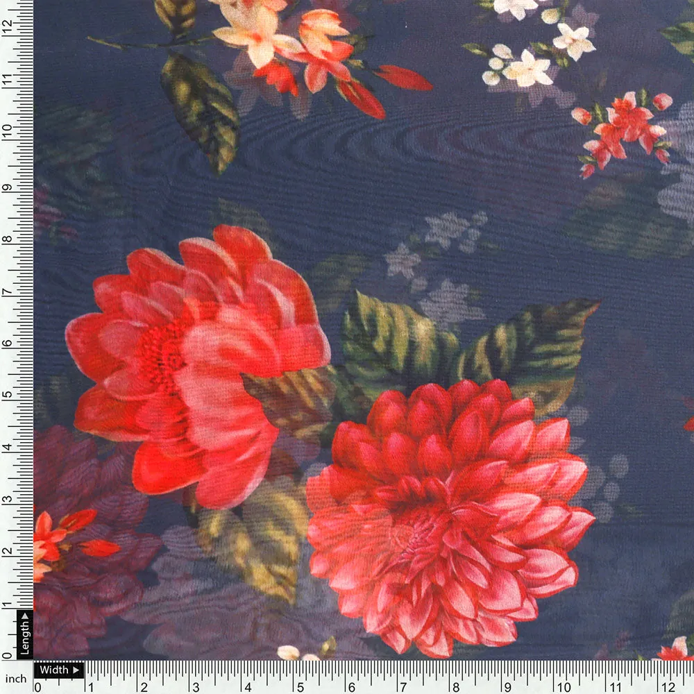Beautiful Dahlia Red And Gray Flower Digital Printed Fabric - Organza - Image 4