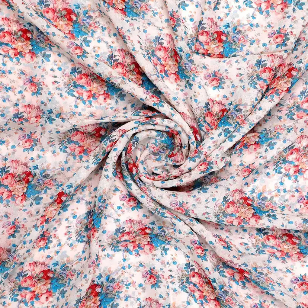 Beautiful Ditsy Flowers On Blue Digital Printed Fabric - Pure Georgette - Image 3