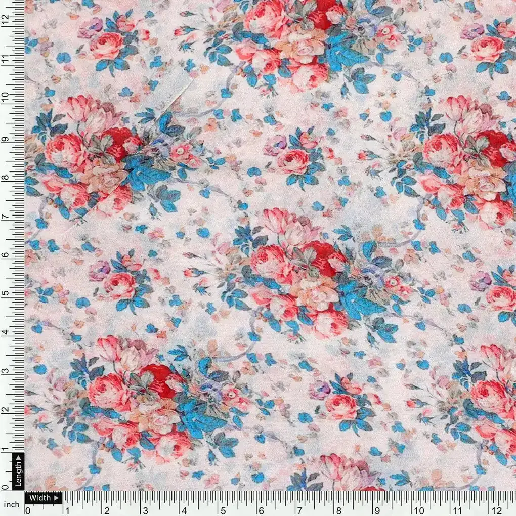 Beautiful Ditsy Flowers On Blue Digital Printed Fabric - Pure Georgette - Image 4